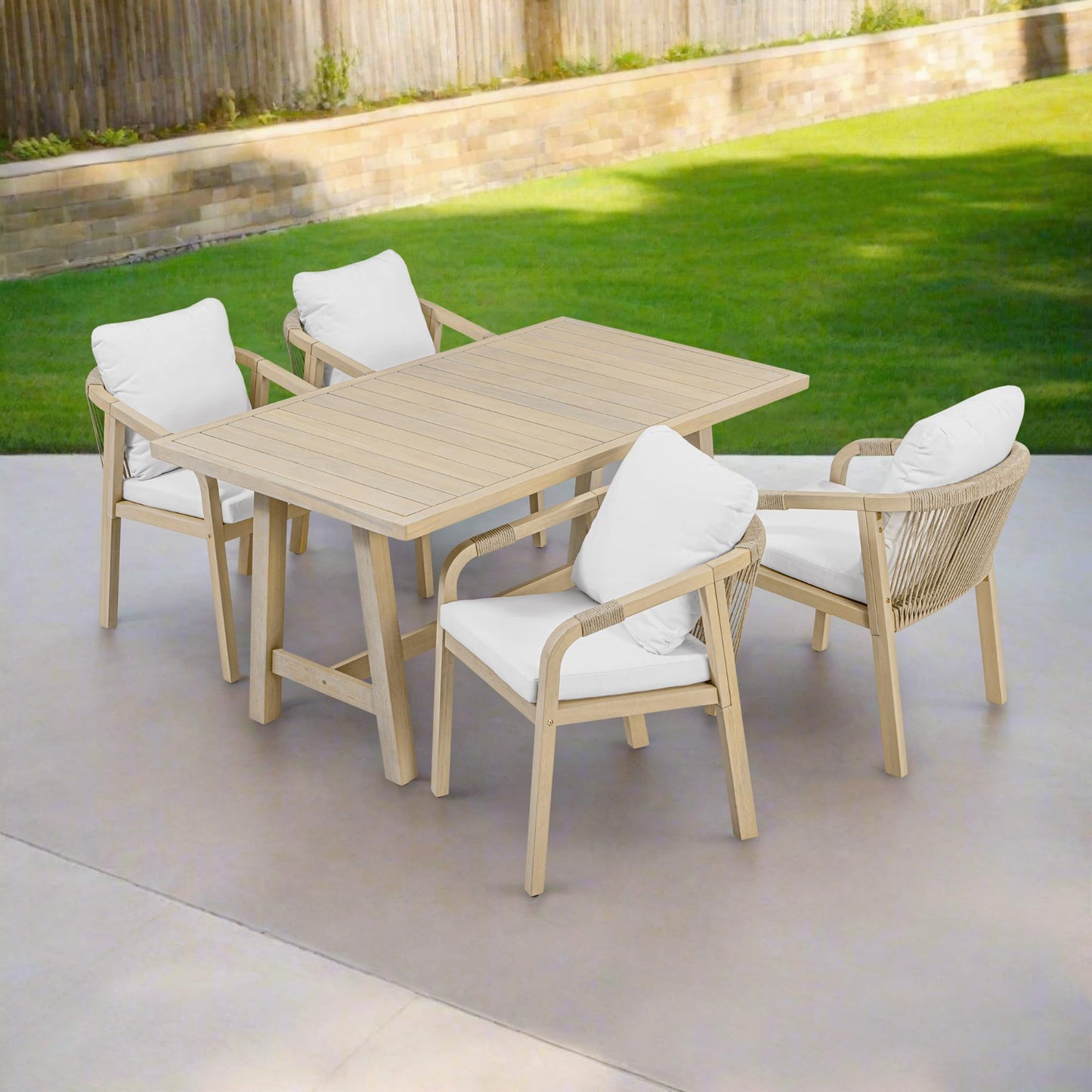 Outdoor dining set with wooden table and chairs on a patio
