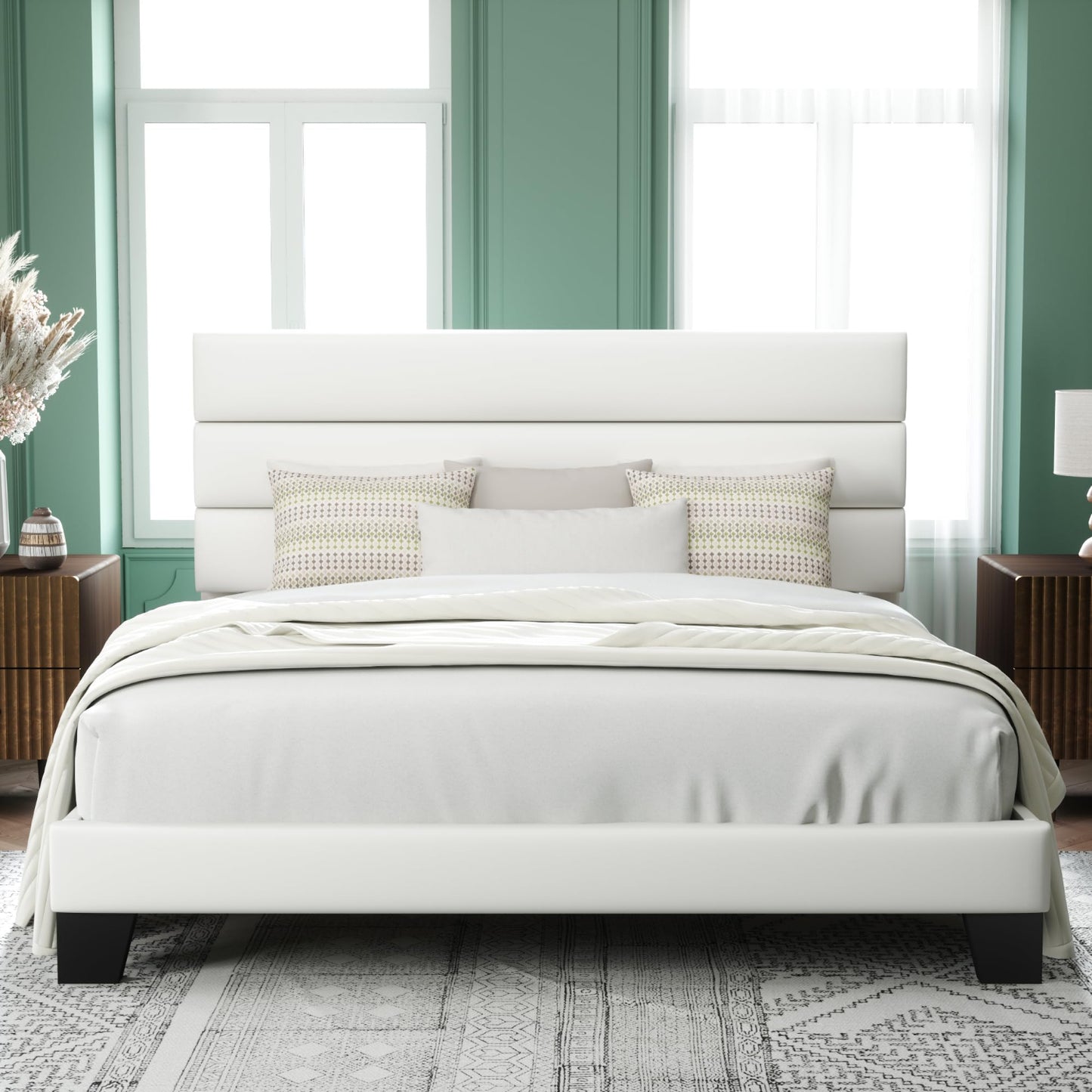 King Size Platform Bed Frame with Velvet Upholstered Headboard