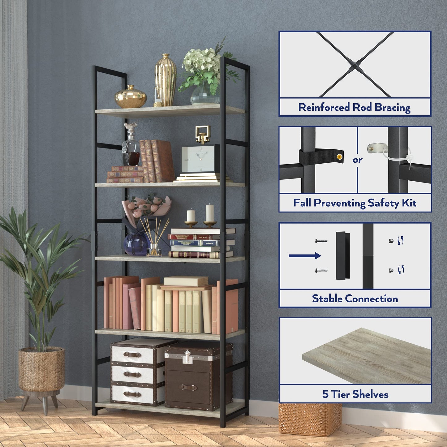 Grey 5 Tier Bookshelf