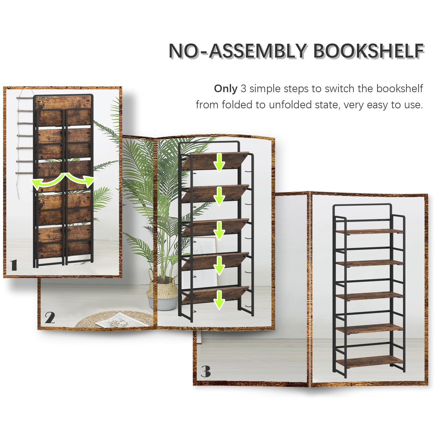 Rustic Brown 5 Tiers Folding Bookshelf Storage Shelves