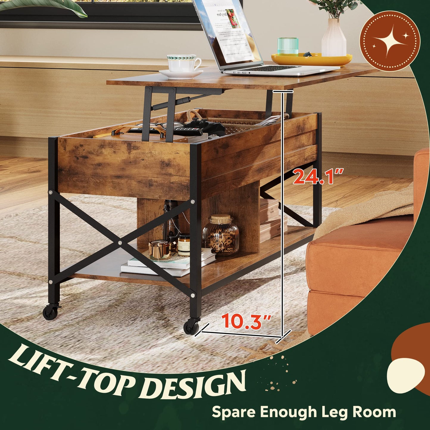 41.3" Lift Top Coffee Table with 4 Wheels