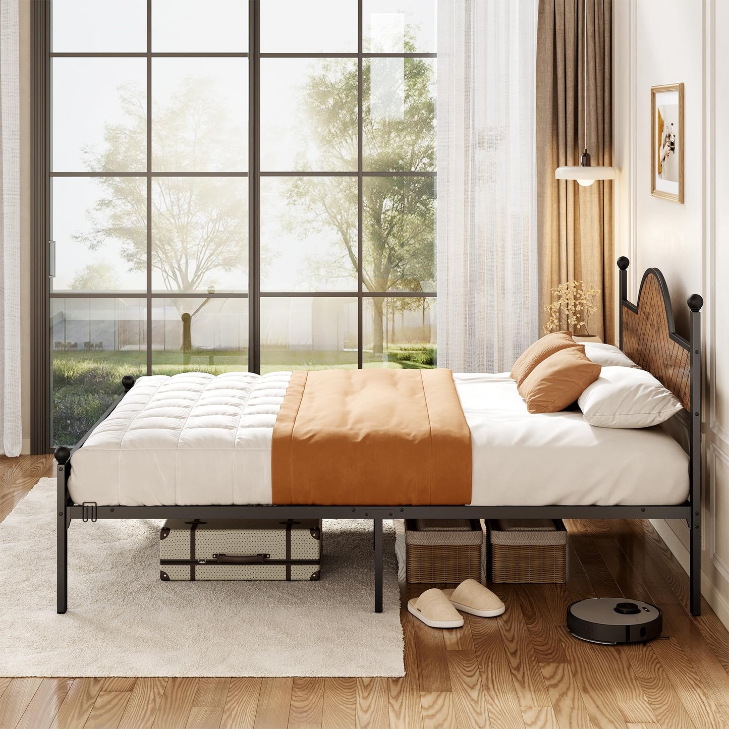 Bed Frame with Wooden Height-Adjustable Headboard and Footboard