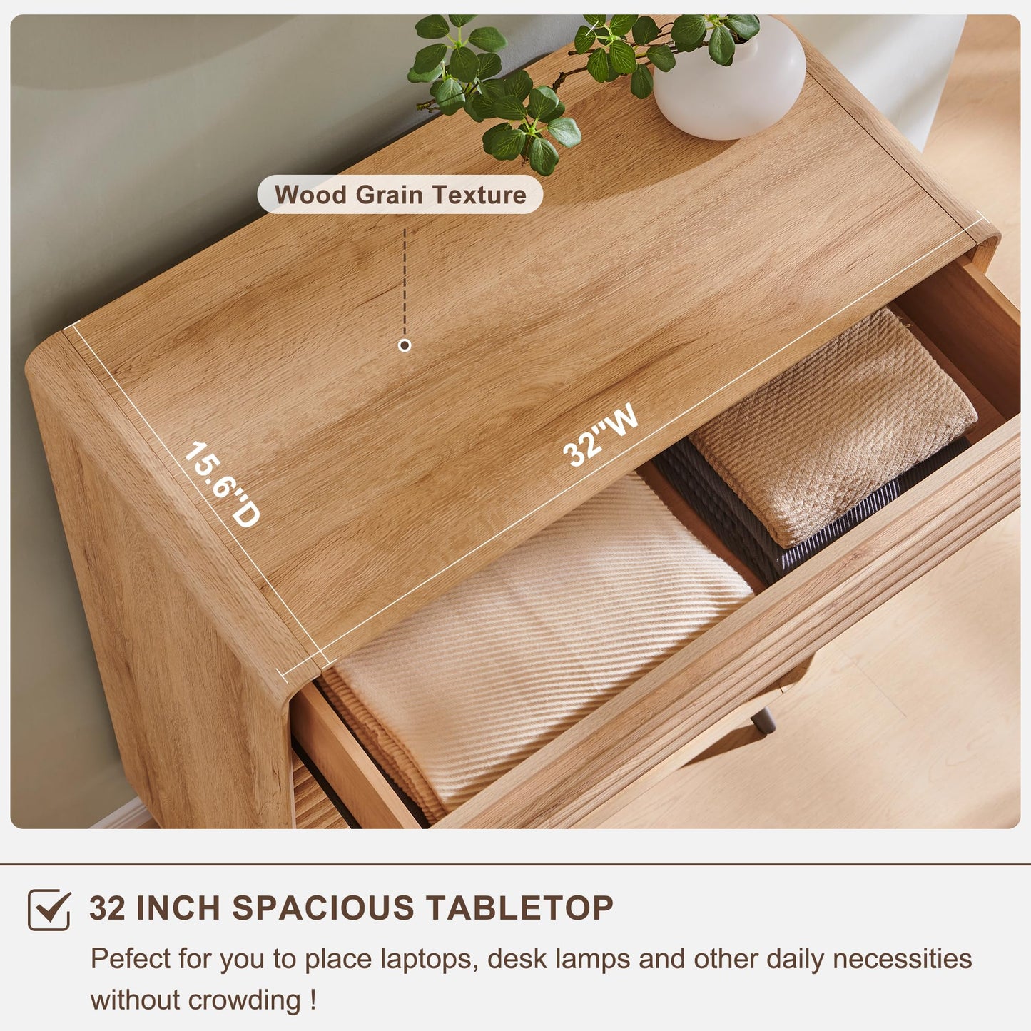 Wooden desk with dimensions and text highlighting its spacious tabletop.