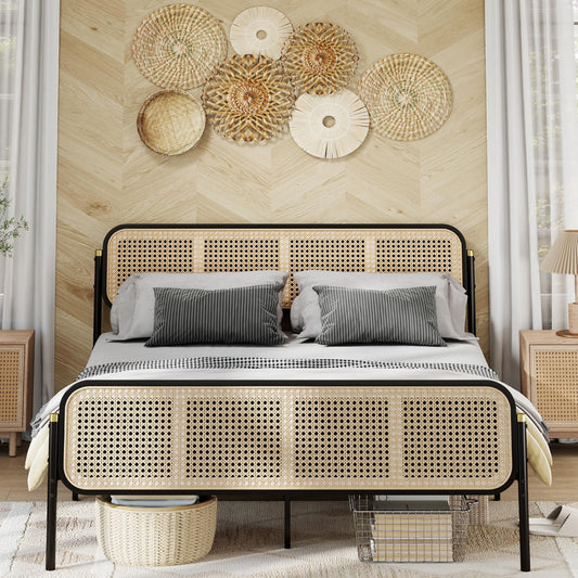 Rattan Bed Frame with Headboard, Boho Bed Frame