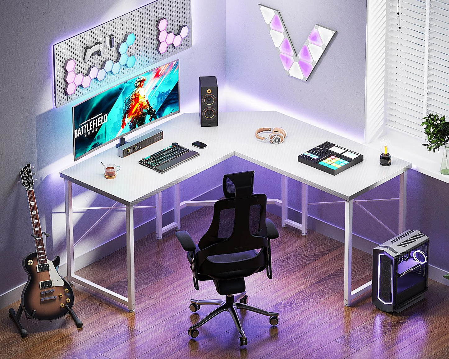 Carbon Fiber Surface, White L Shaped Gaming Desk