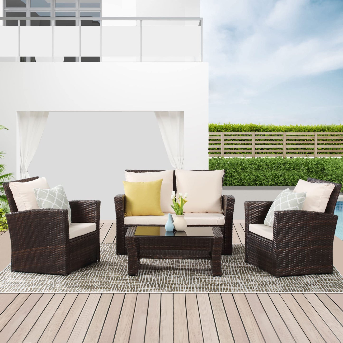 4 Piece Outdoor Patio Furniture Sets, Wicker Conversation Set for Porch Deck