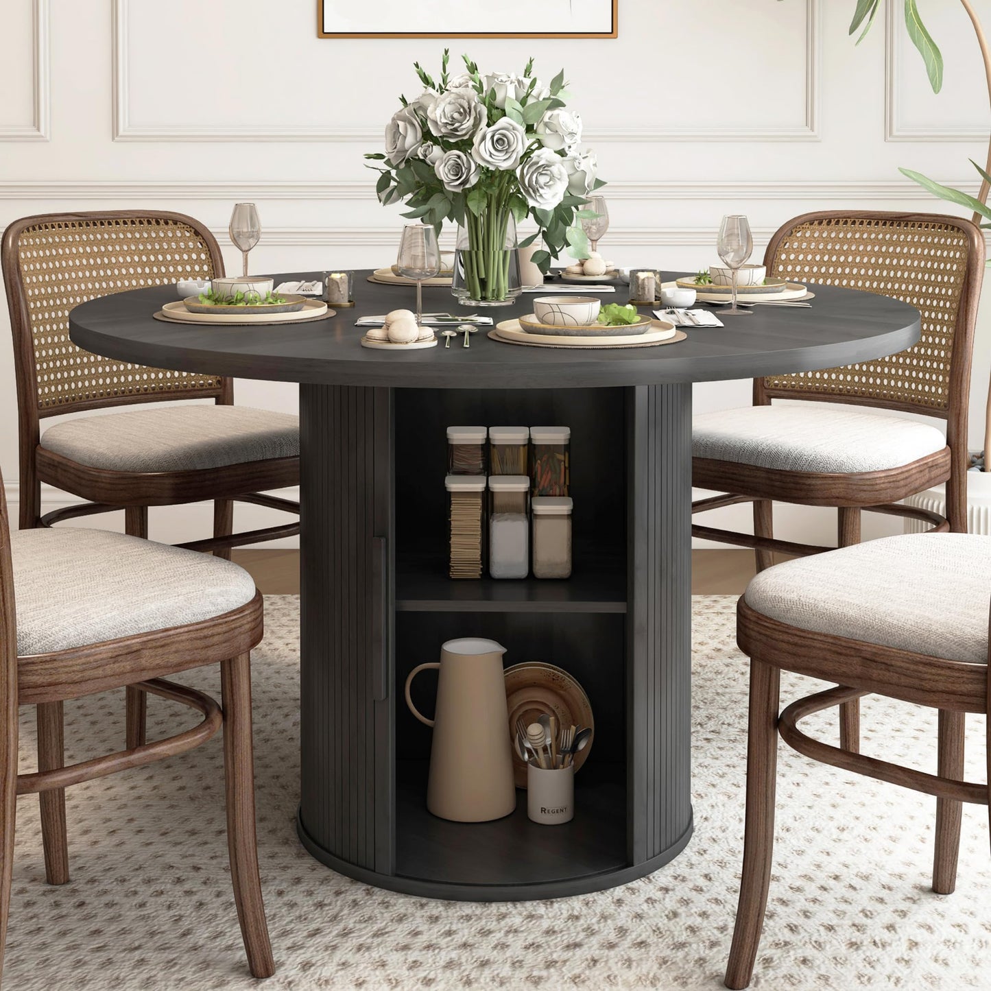 Black+hidden Storage Round Dining Table
