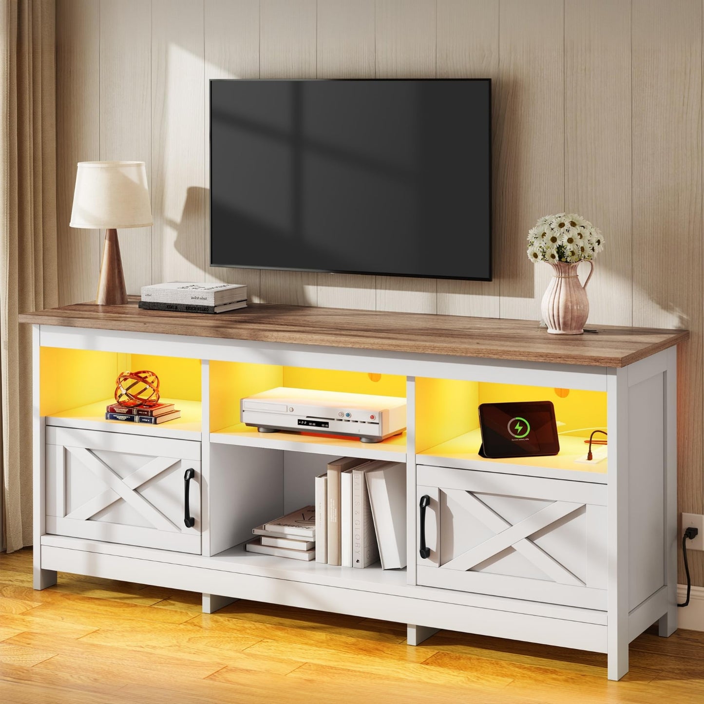 White & Walnut 65 Inch's TV Stand