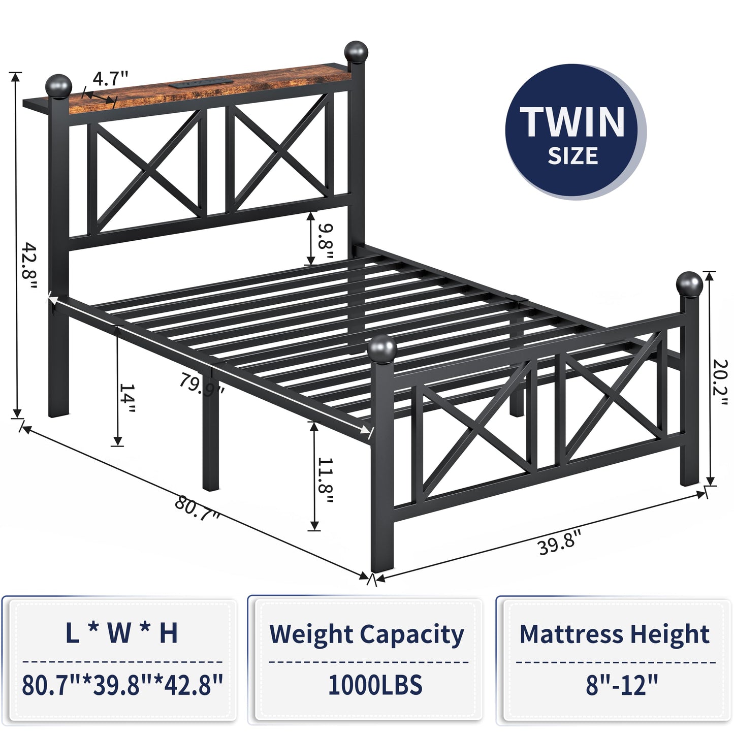 Twin Size Bed Frame with Charging Station