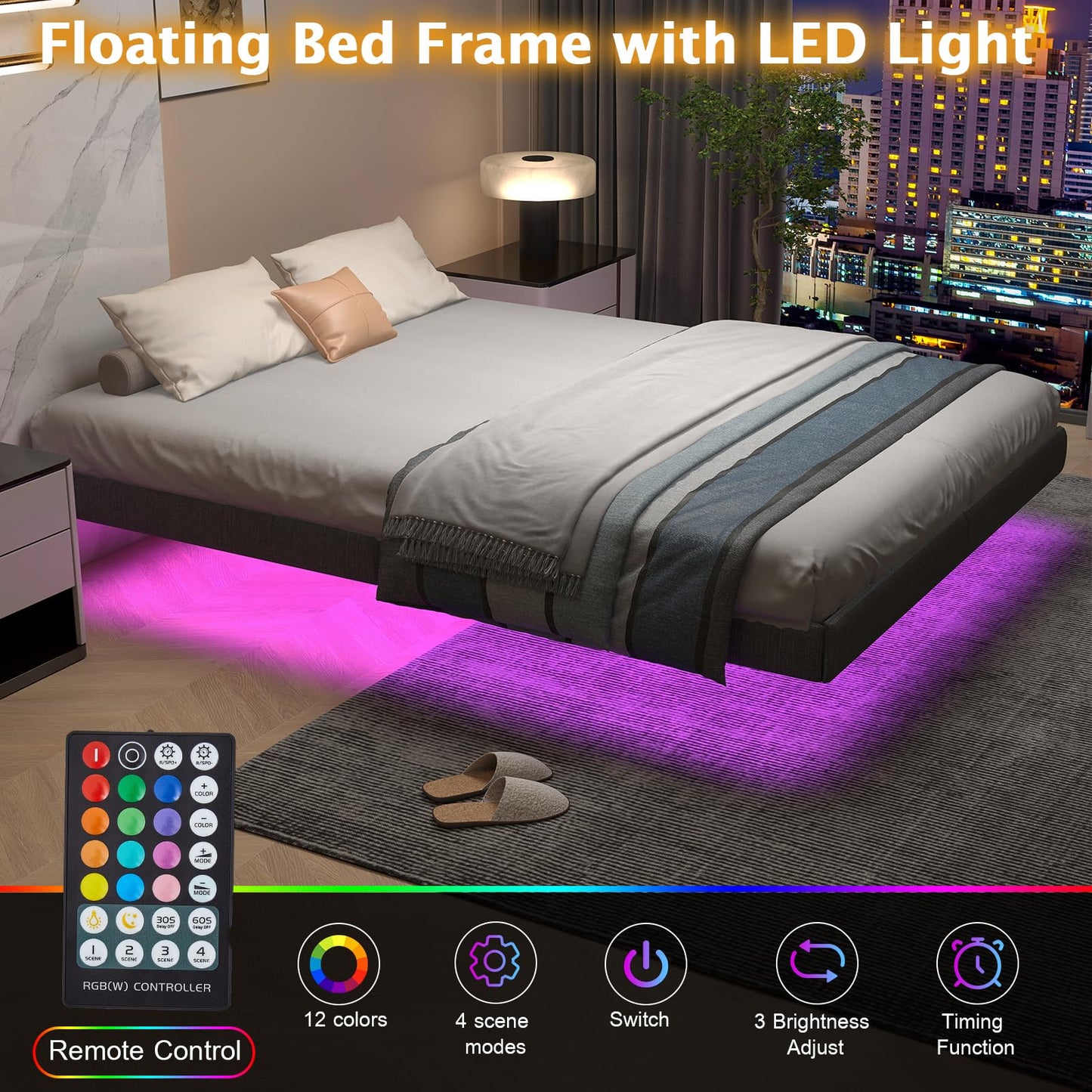Floating Bed Frame with LED Lights