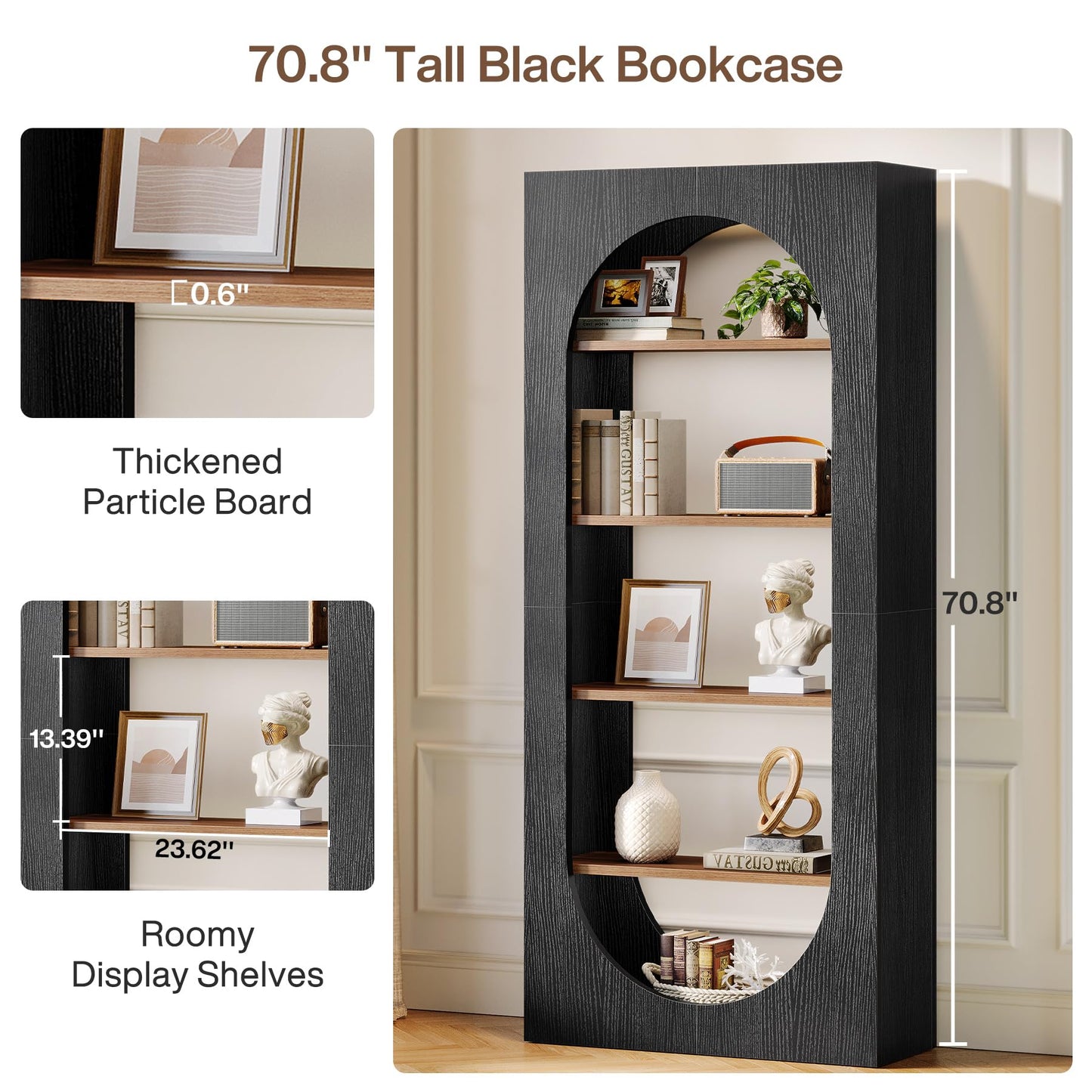 70.87-Inch Tall Arch Bookcase with Storage