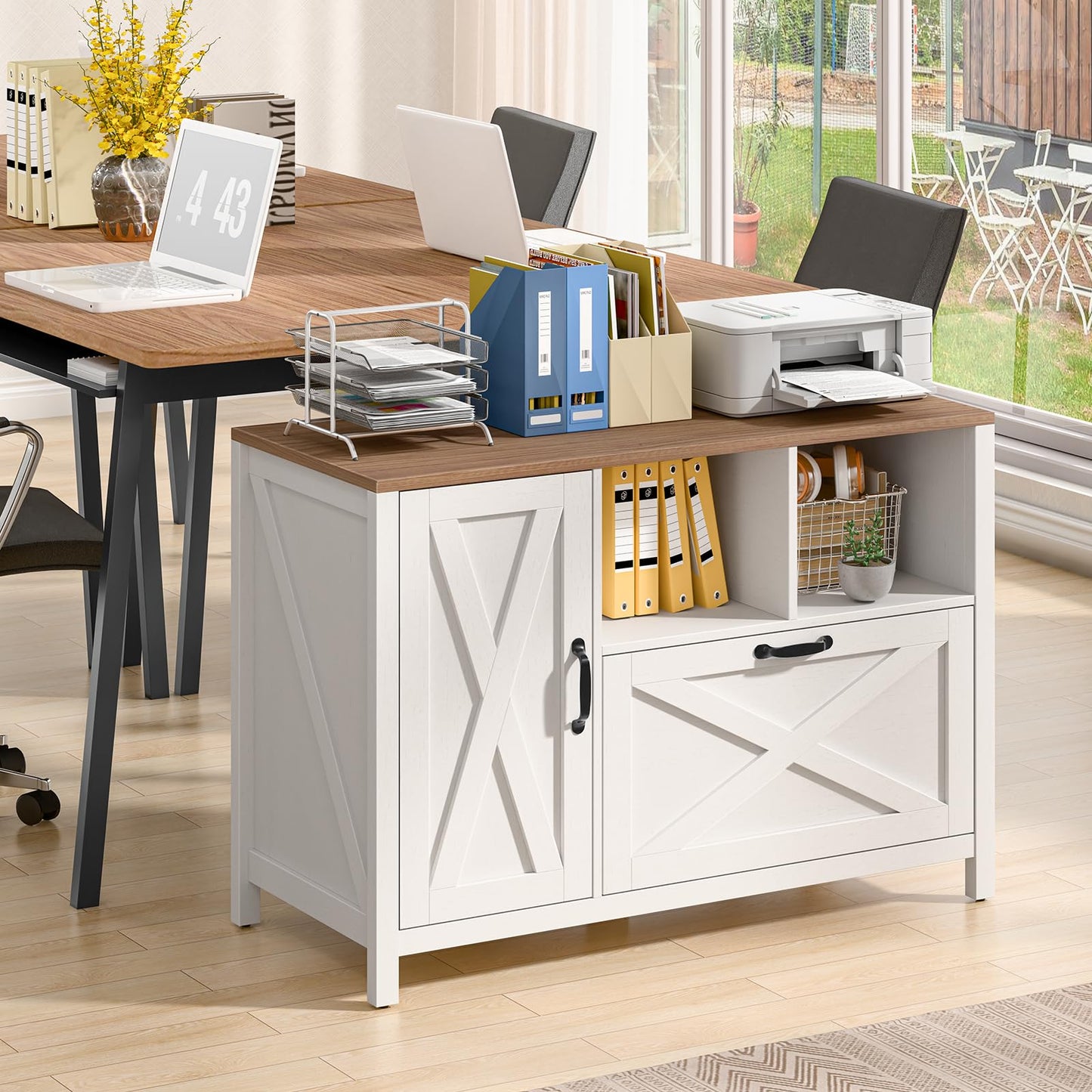 Lateral File Cabinet with Large Drawer and Door Farmhouse File Cabinet for Letter/Legal/A4 Size Hanging Files, Large Wood File Storage Cabinets Printer Stand for Home Office Cabinet, White