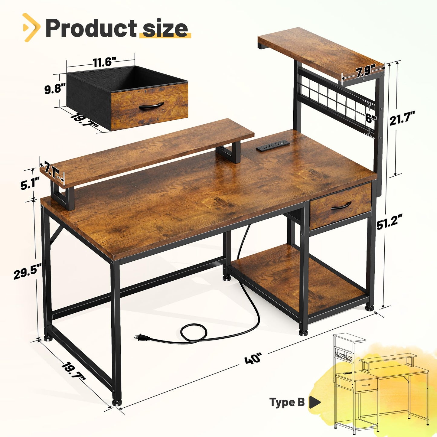 Rustic Brown Computer Desk with Drawer and Shelves