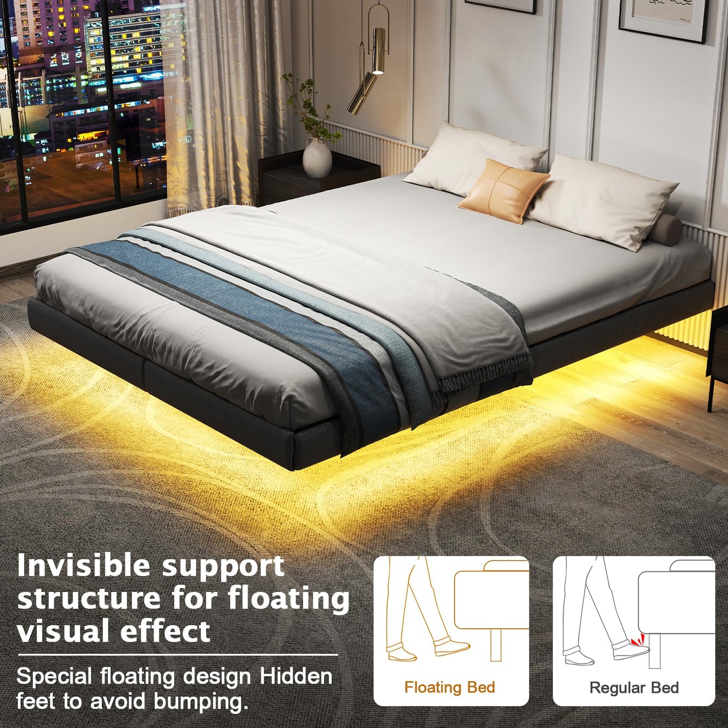 Floating Bed Frame with LED Lights