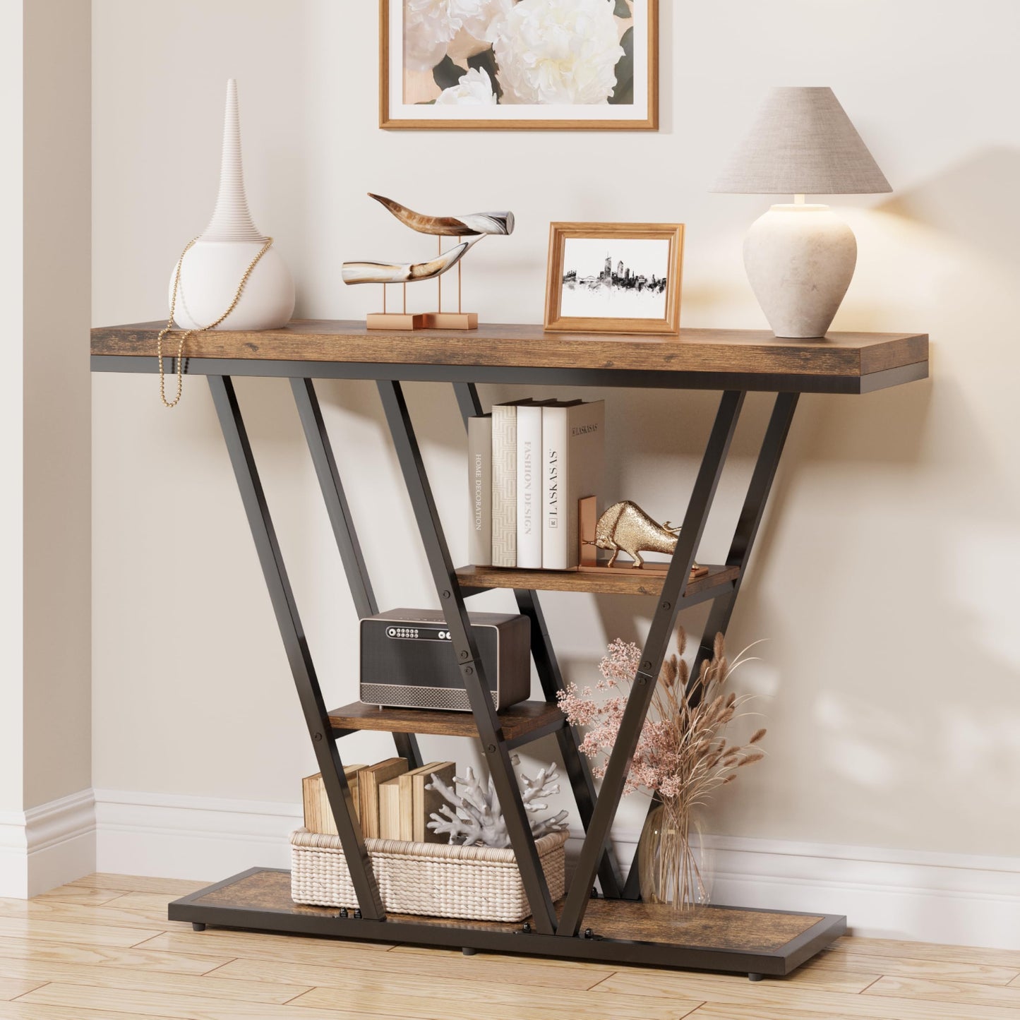 Wooden console table with metal legs in a room setting
