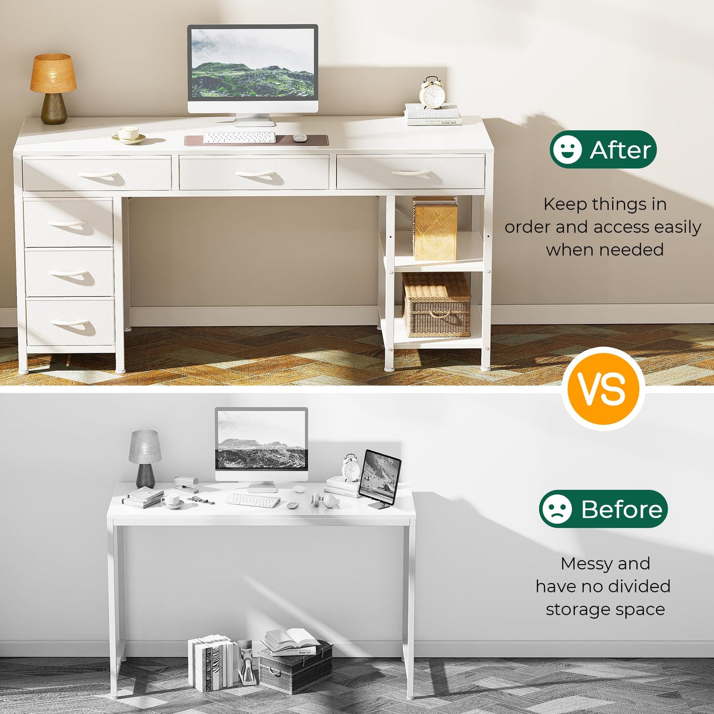 White - 54 inch Huuger Computer Desk with 6 Drawers