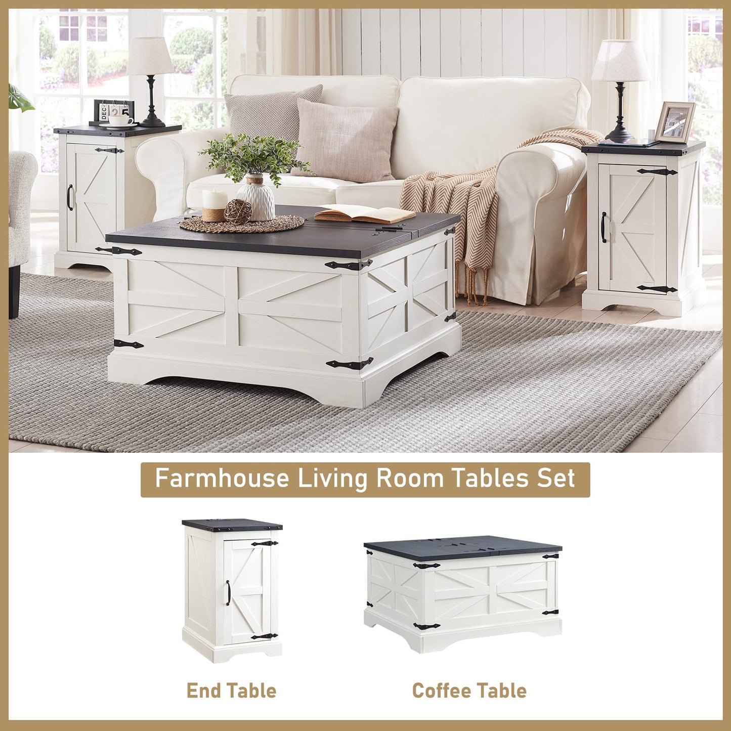 White Farmhouse Coffee Table, Square Wood Center