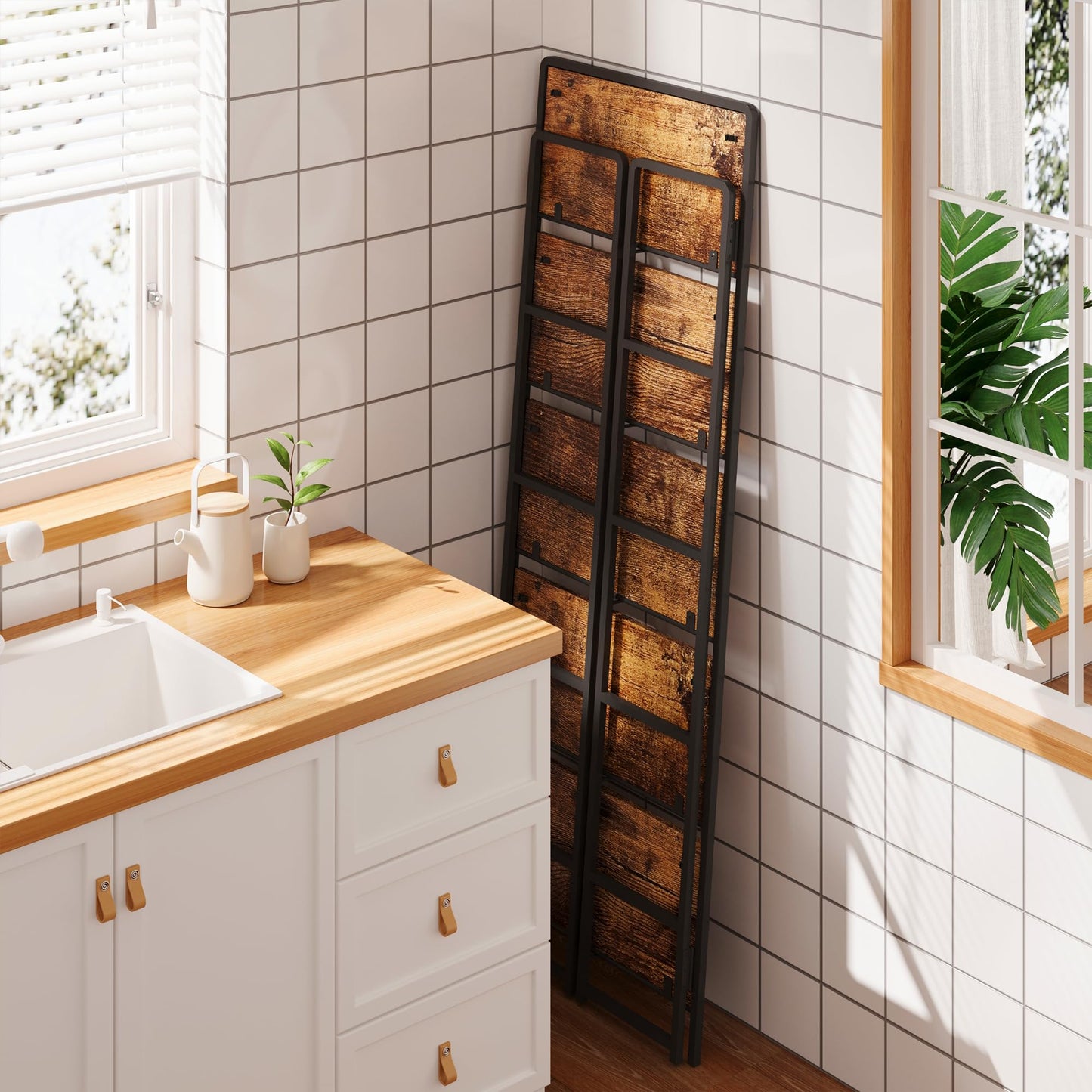 Rustic Brown 5 Tiers Folding Bookshelf Storage Shelves