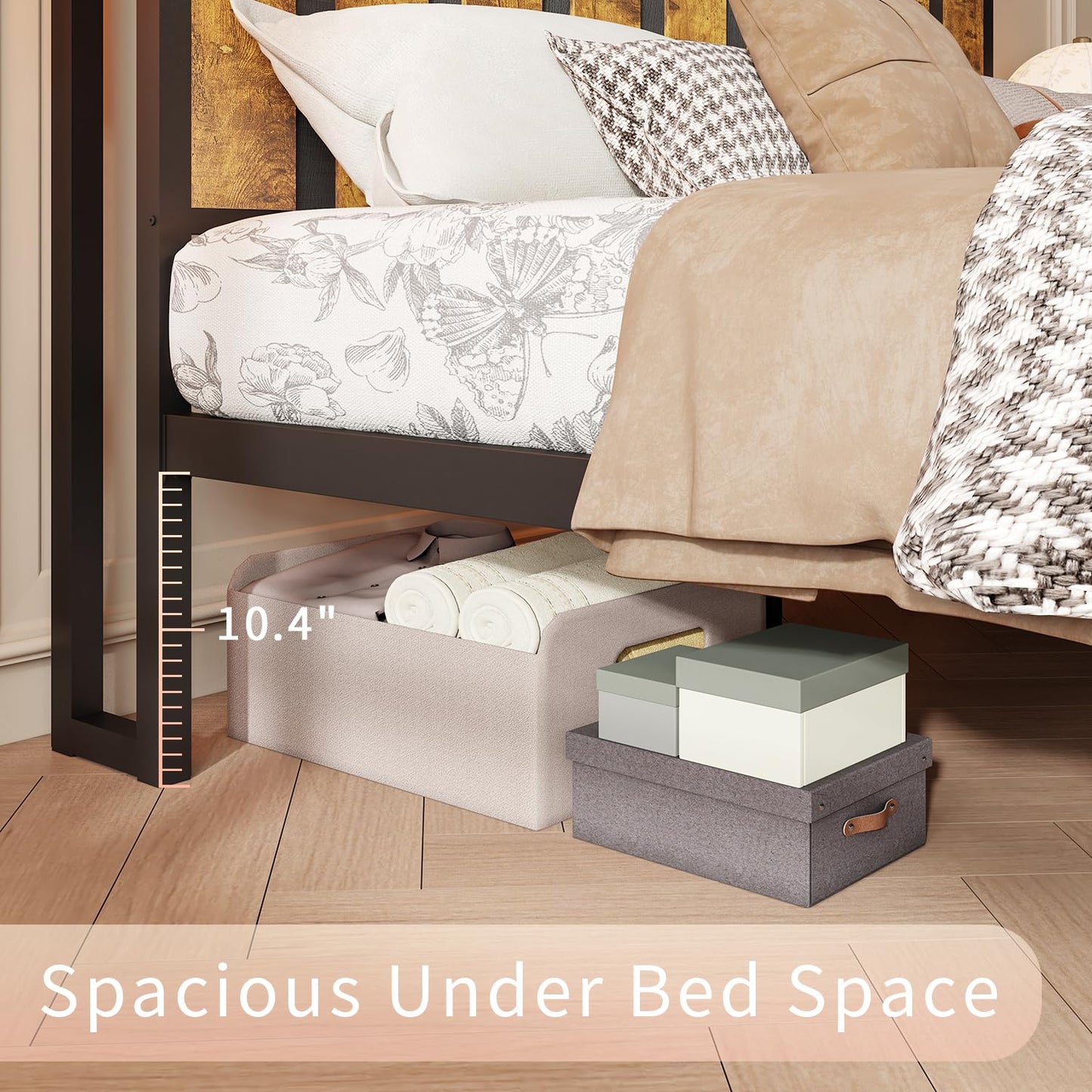 Bed Frame with Storage Headboard & Dual Built-in Storage Drawers