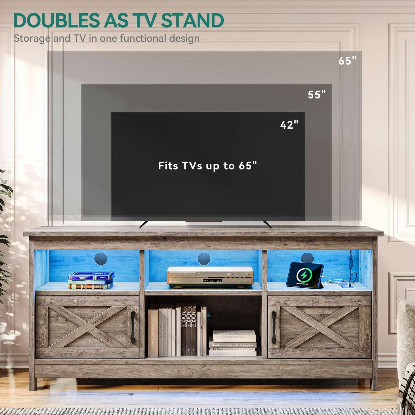 Washed Grey - 65 Inch Farmhouse TV Stand