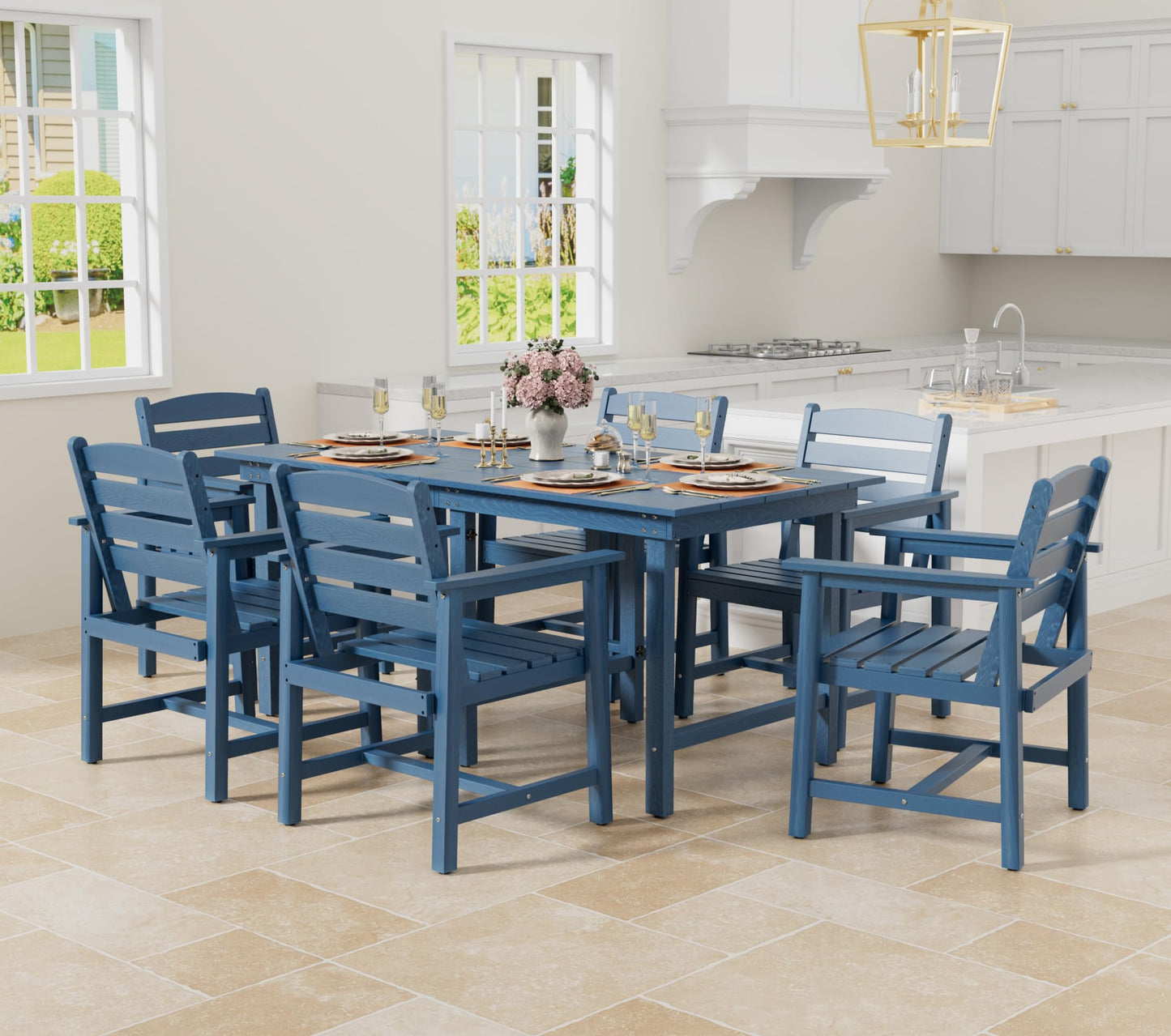 Blue dining set with table and chairs in a kitchen.