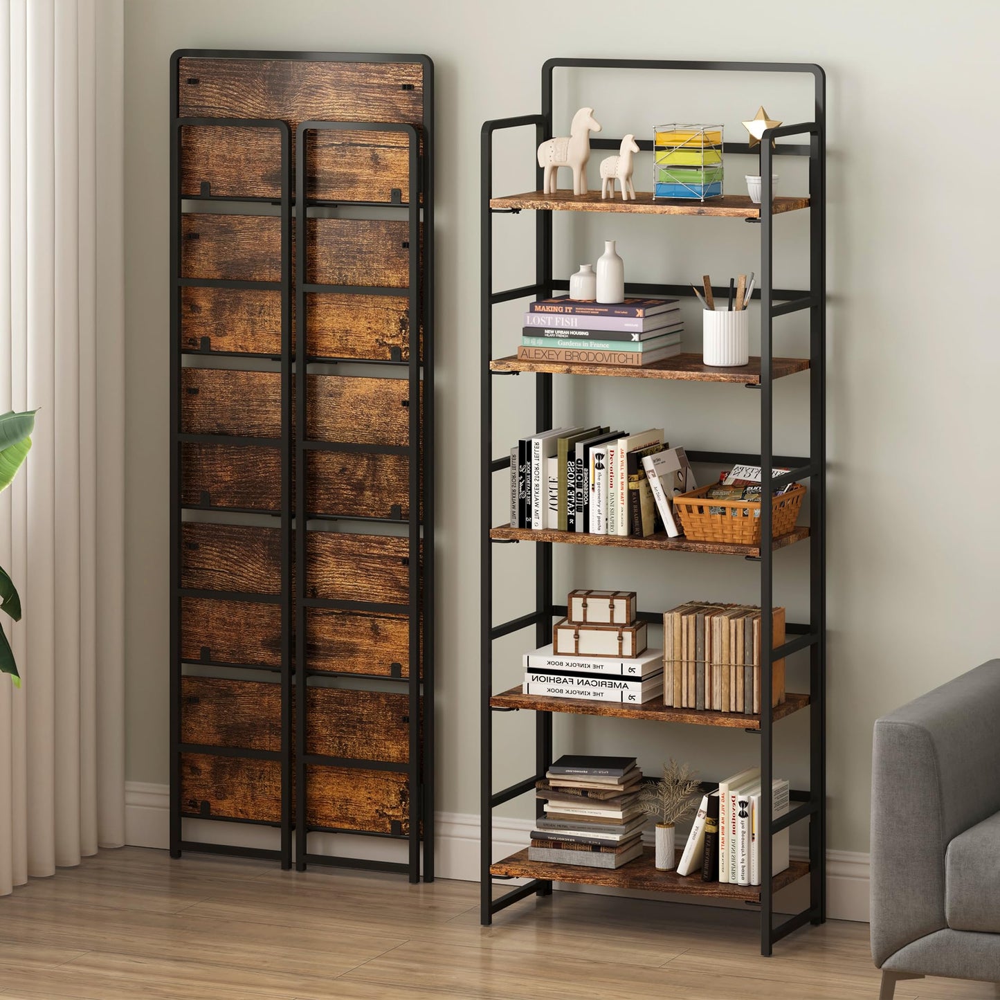 Rustic Brown 5 Tiers Folding Bookshelf Storage Shelves