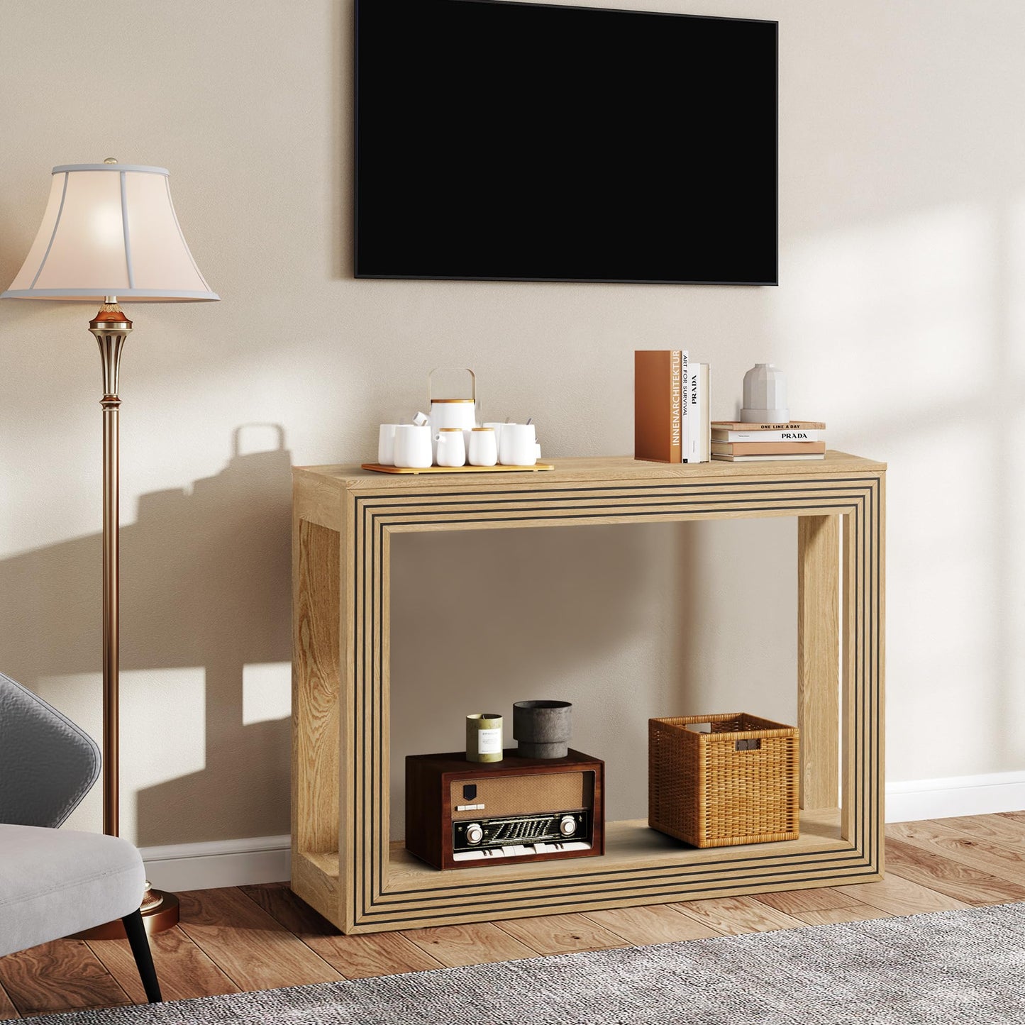 Natural Mid-Century Fluted Console Table golden