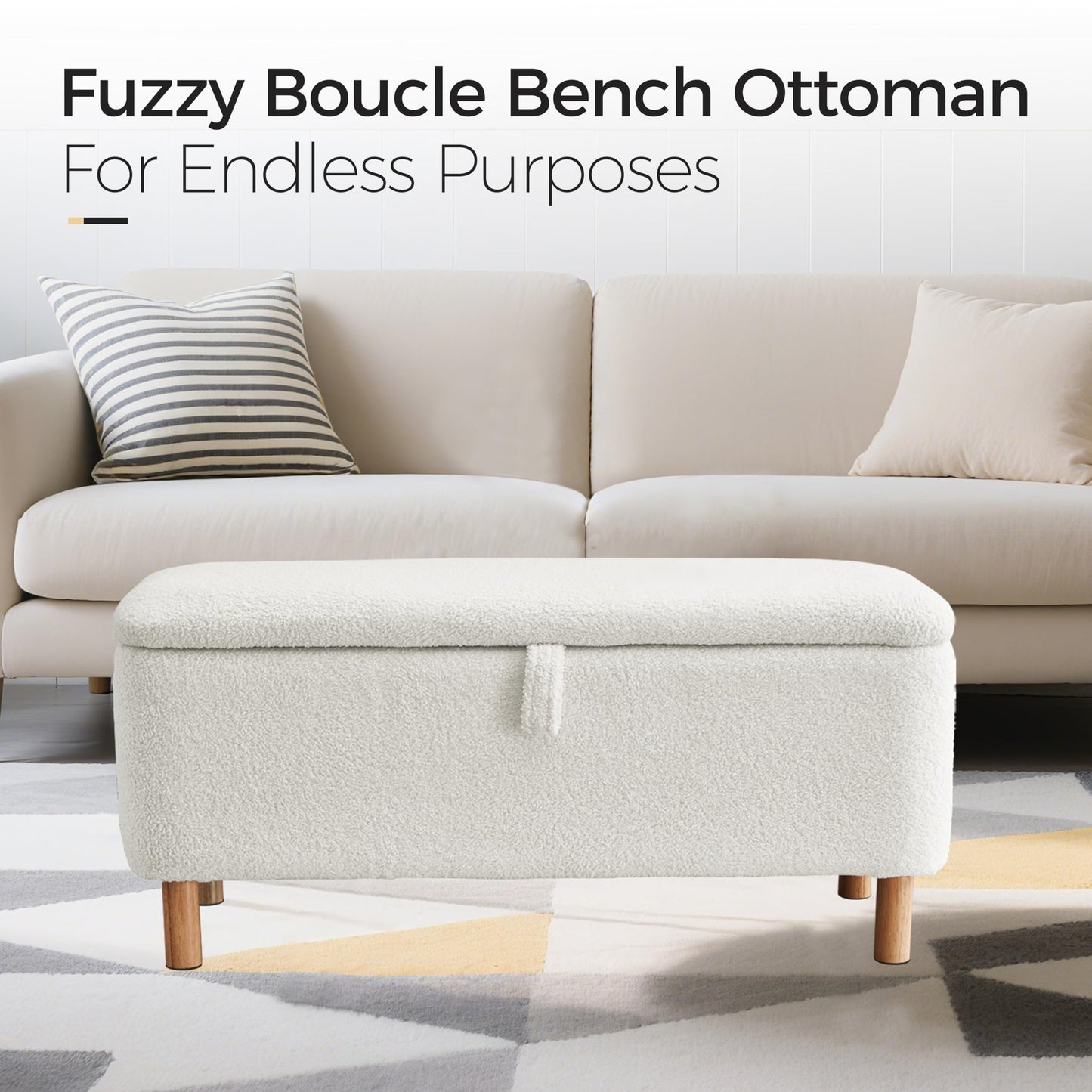 Boucle Upholstered Padded Storage Bench