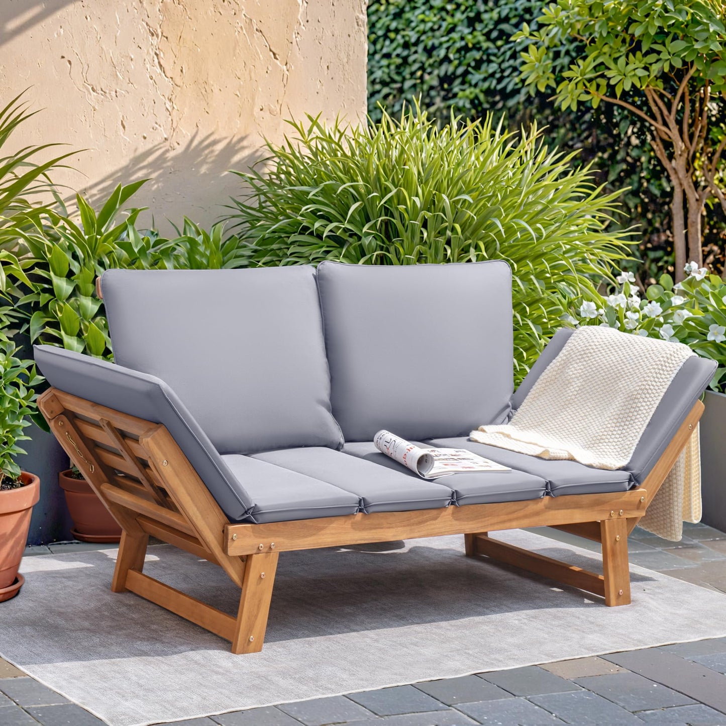 Acacia Wood Patio Couch with Adjustable Armrests