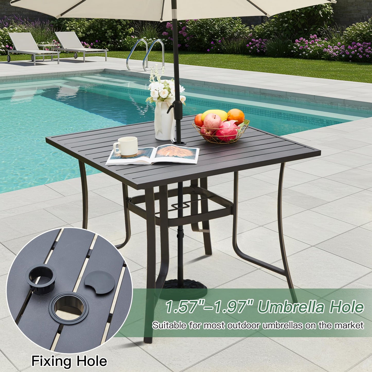 Outdoor patio table with umbrella hole and fixing mechanism near a pool.