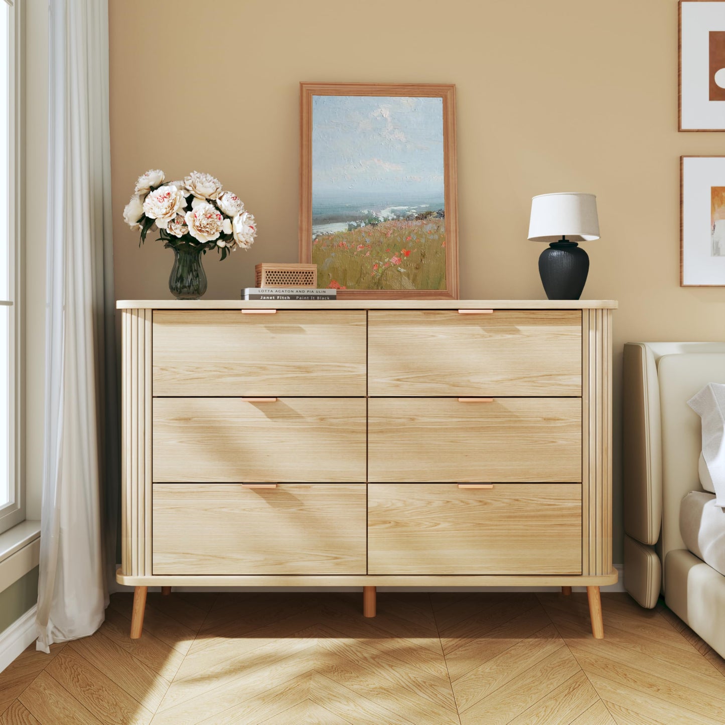 Fluted 6 Drawers Dresser for Bedroom - Curved Profile Design
