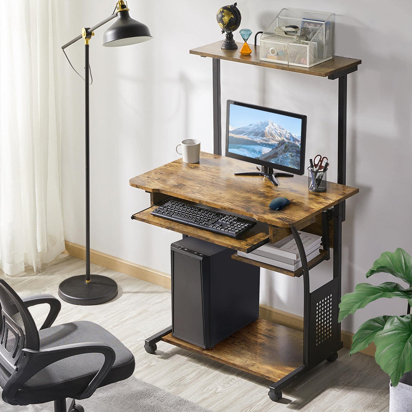 Movable Rustic Brown Computer Desk for Home Office
