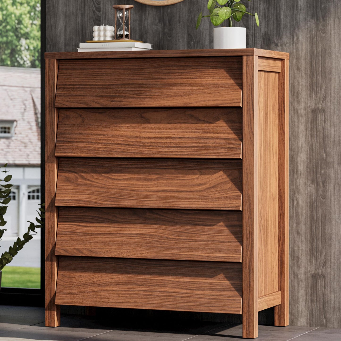 Wooden dresser with five drawers against a wooden wall.