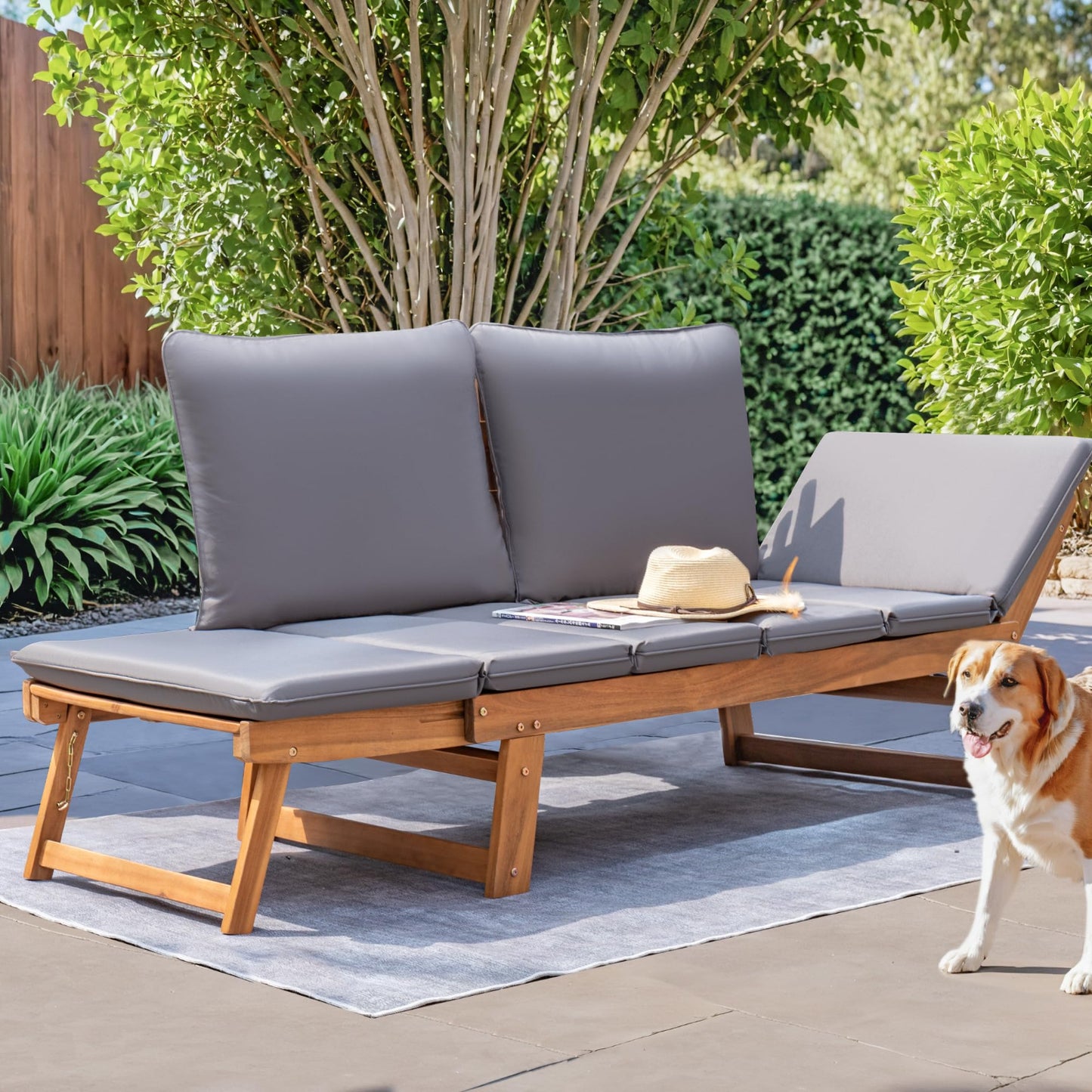 Acacia Wood Patio Couch with Adjustable Armrests