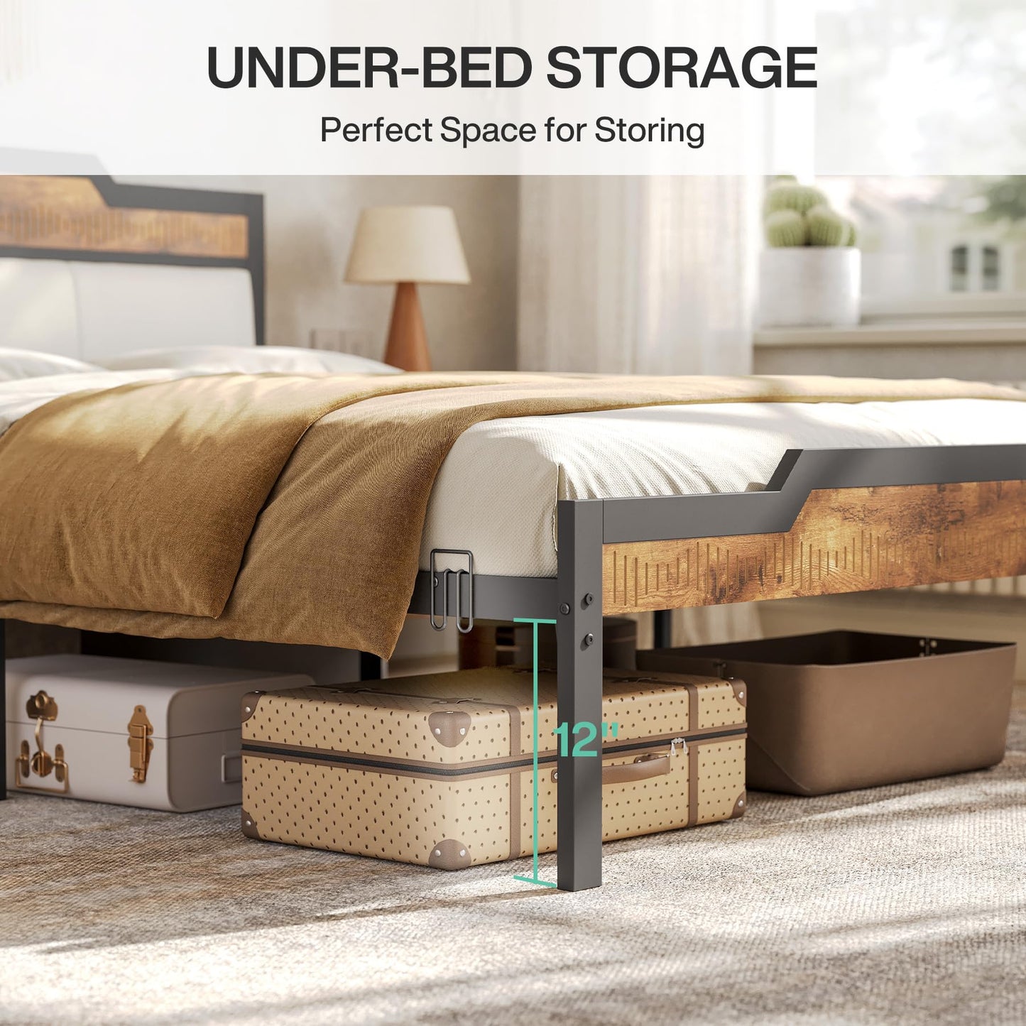 Bed Frame with Upholstered Headboard and Wooden Footboard