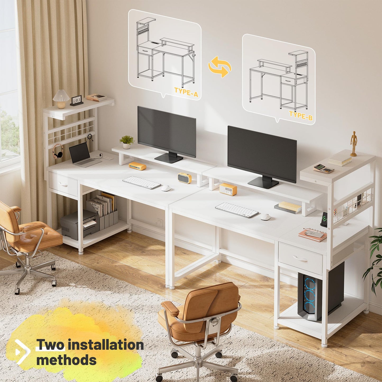 White Computer Desk with Drawers and Shelves