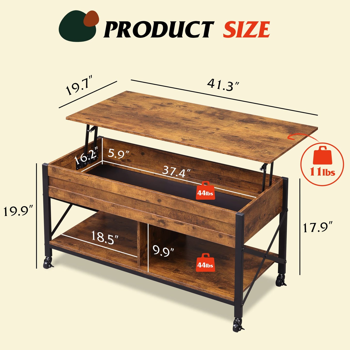 41.3" Lift Top Coffee Table with 4 Wheels