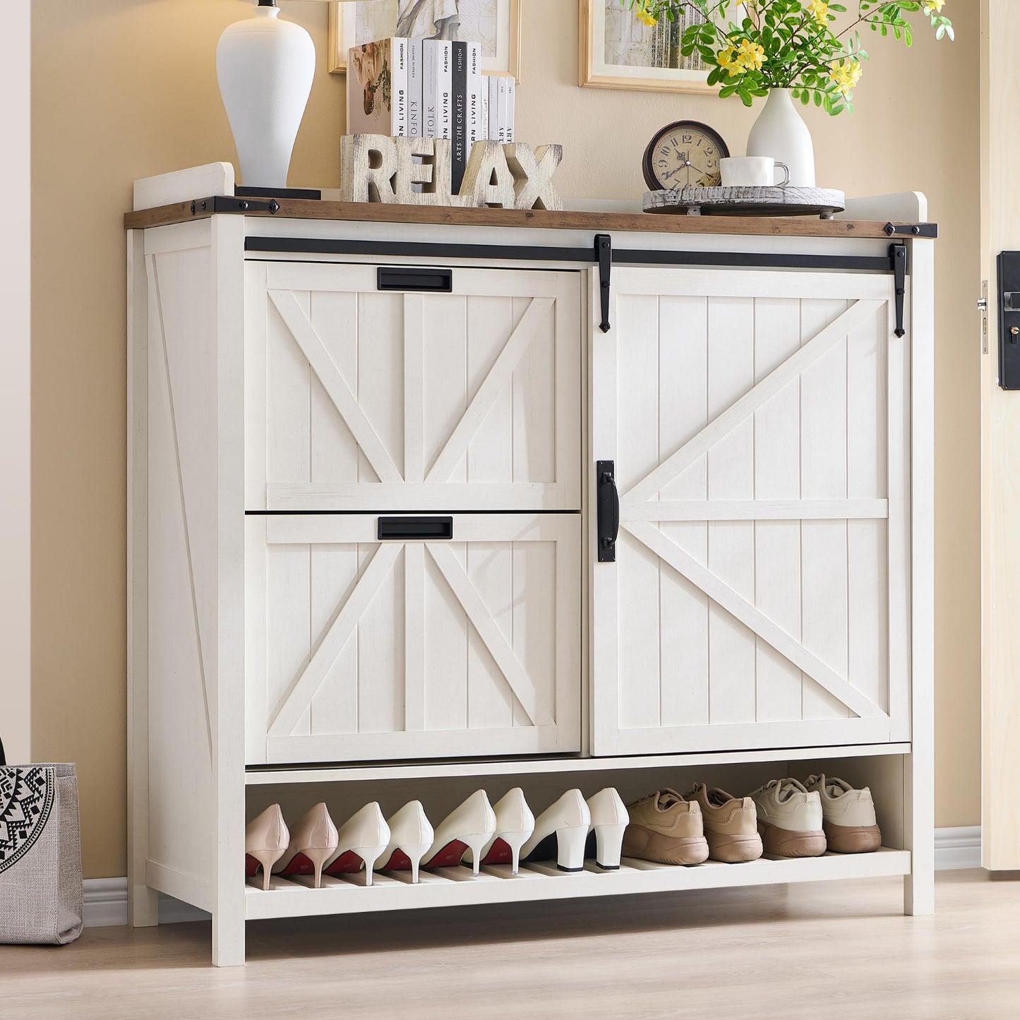 Shoe Storage Cabinet with 2 Flip Drawers & Sliding Door