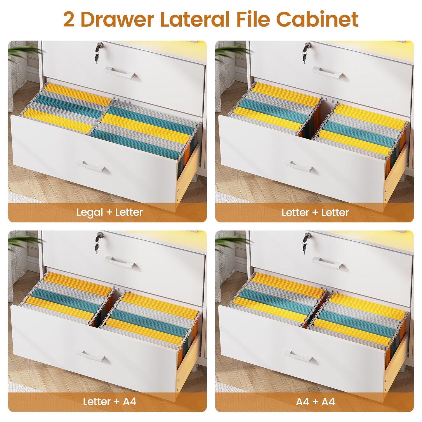SEDETA 59" File Cabinet, 2 Drawers Filing Cabinets for Home Office fit Legal/Letter/A4 File, File Cabinet with Lock & Power Outlets, Printer Stand with Storage & LED Lights, White