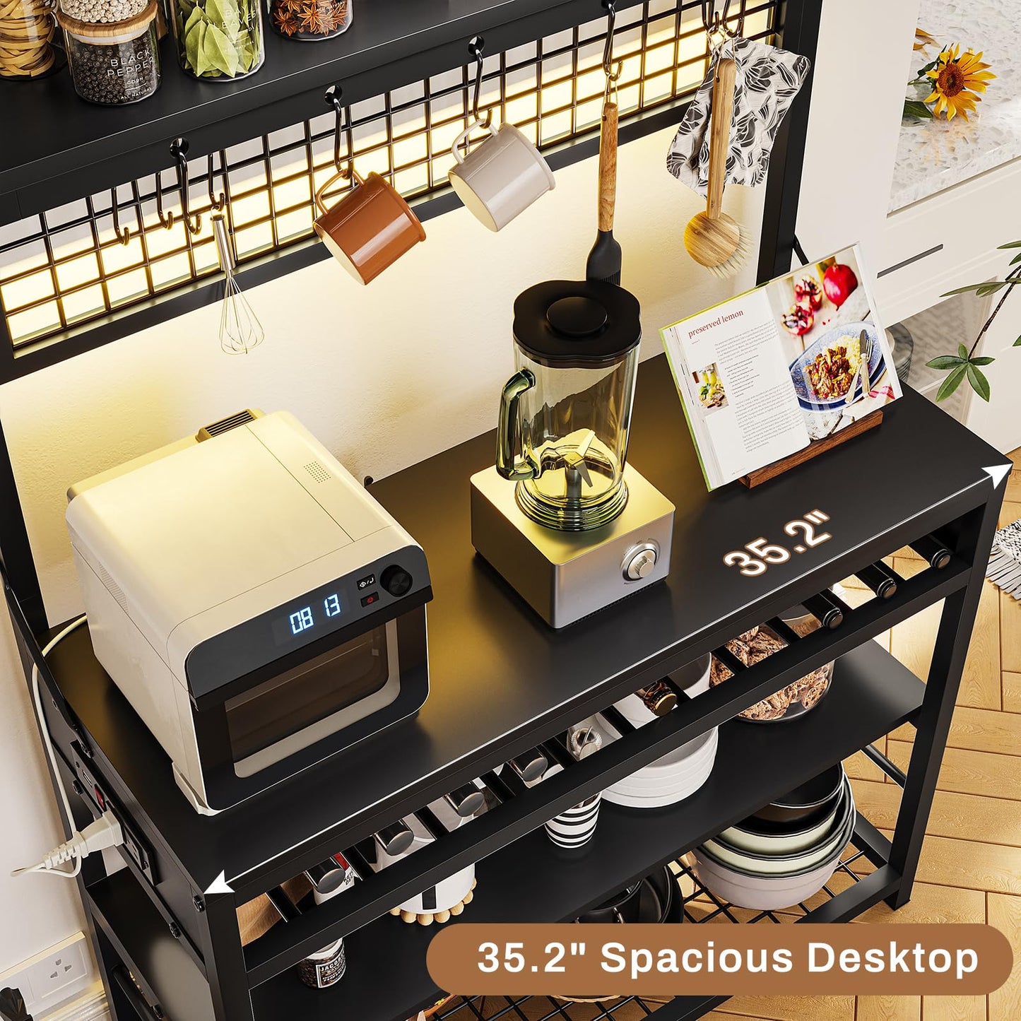 Black With Power Outlet and Led Light Kitchens Rack