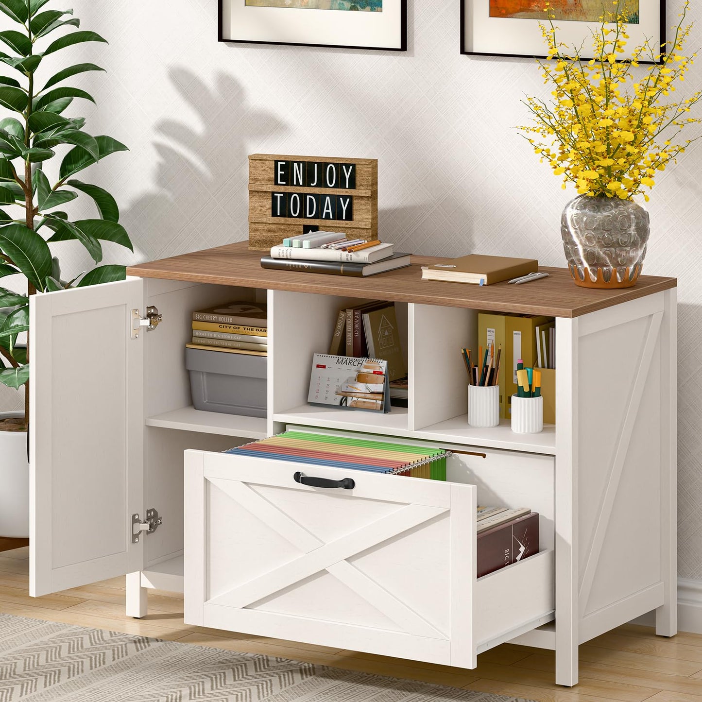 Lateral File Cabinet with Large Drawer and Door Farmhouse File Cabinet for Letter/Legal/A4 Size Hanging Files, Large Wood File Storage Cabinets Printer Stand for Home Office Cabinet, White