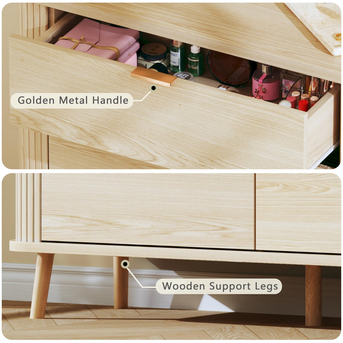Fluted 6 Drawers Dresser for Bedroom - Curved Profile Design