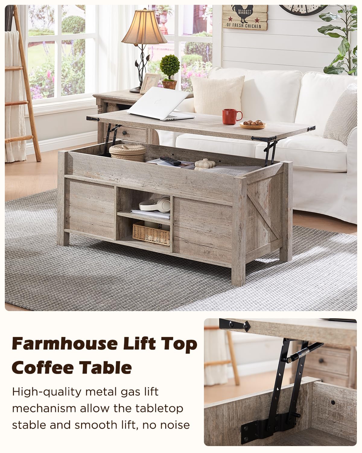Light Rustic Oak - Farmhouse Lift Top Coffee Table