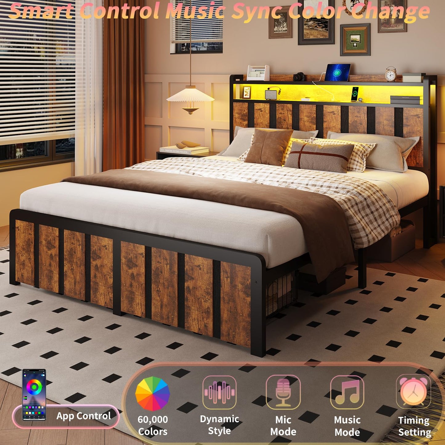 Bed Frame with Storage Headboard & Dual Built-in Storage Drawers