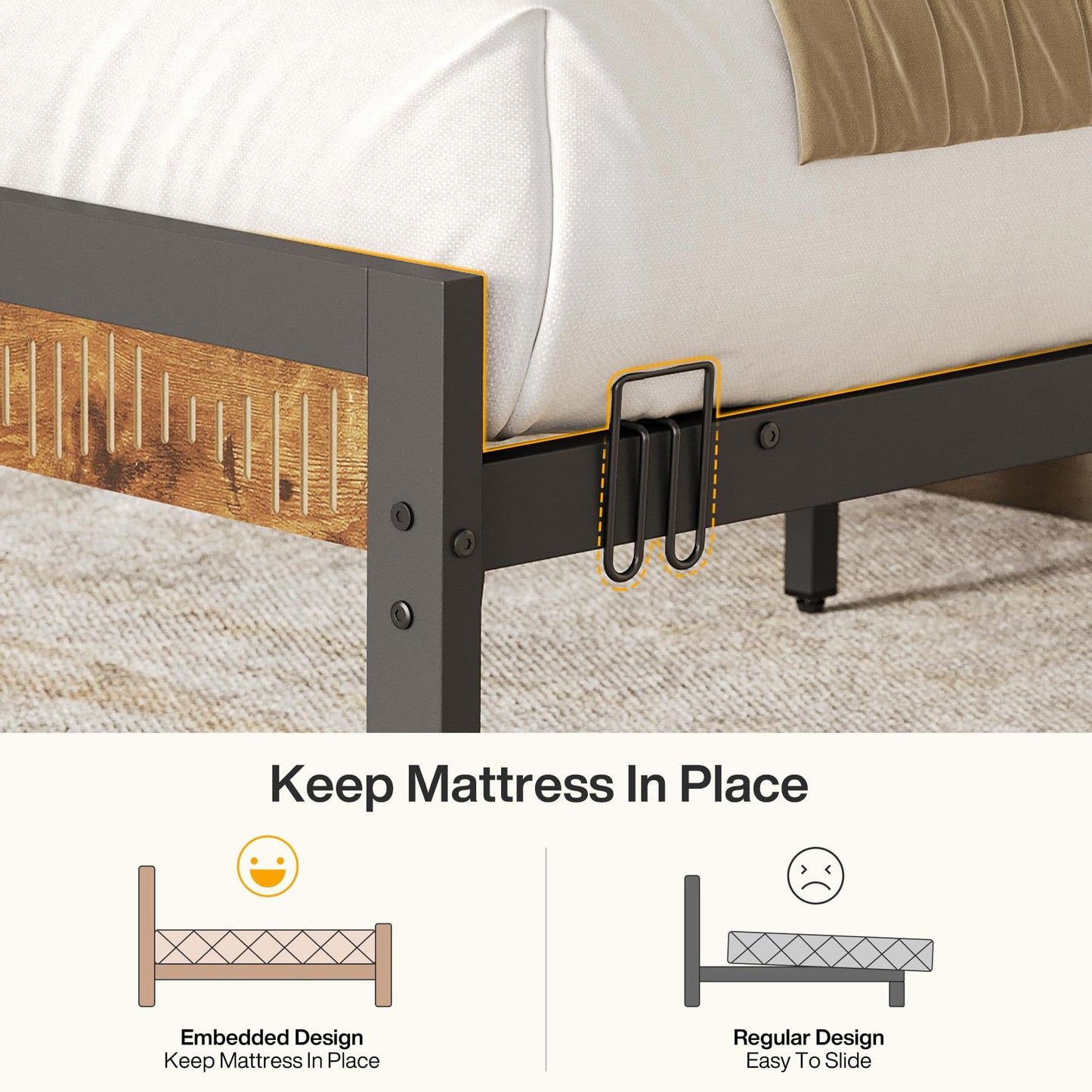 Bed Frame with Upholstered Headboard and Wooden Footboard