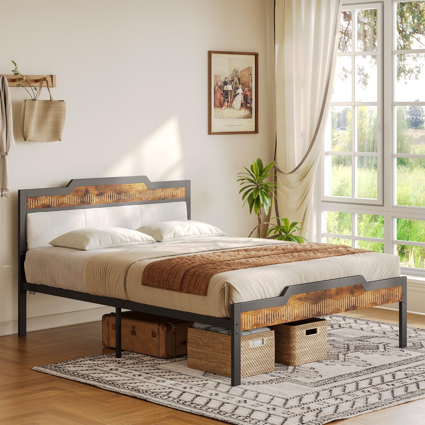 Bed Frame with Upholstered Headboard and Wooden Footboard