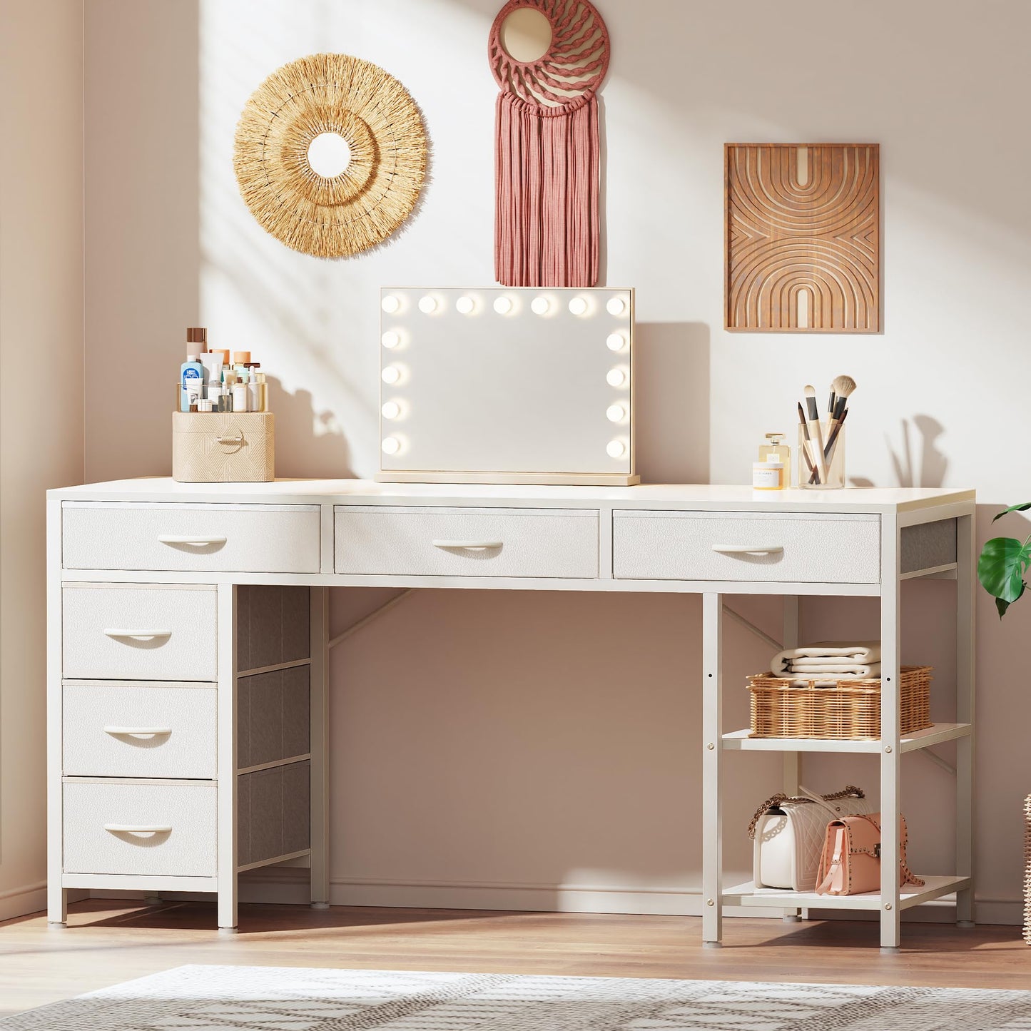 White - 54 inch Huuger Computer Desk with 6 Drawers