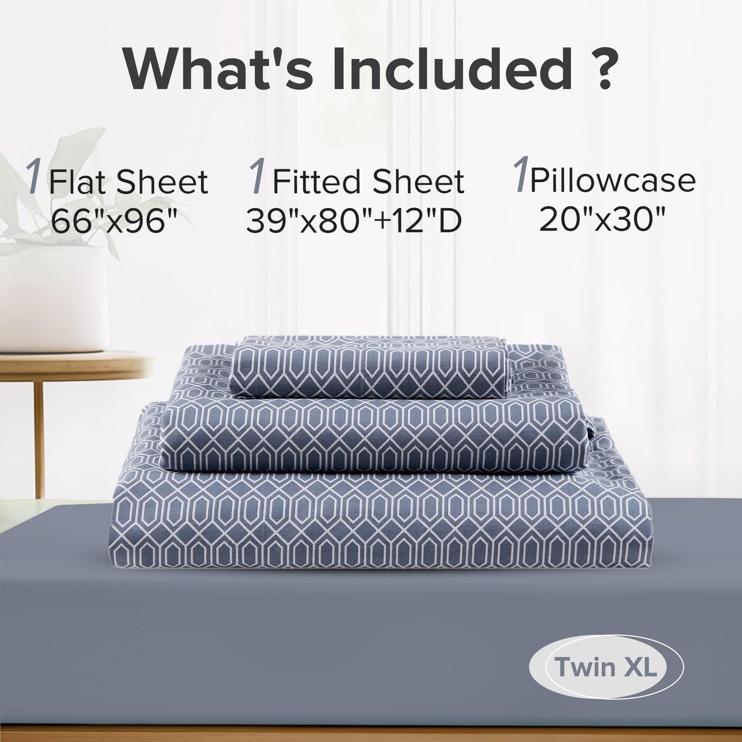 Comfort Spaces 100% Cotton Sheets Twin XL, Breathable, Naturally Cool Cotton Sheets, Soft Cotton Bed Sheets with 14" Elastic Pocket Fits up to 16" Mattress, All Seasons Sheet Set, Diamond Blue 3 Piece