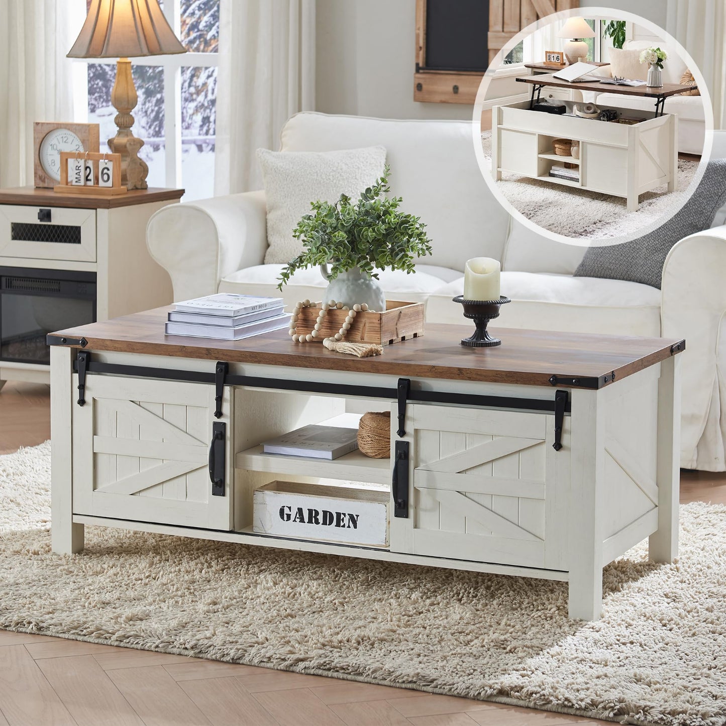 Farmhouse Lift Top Coffee Table White And Brown