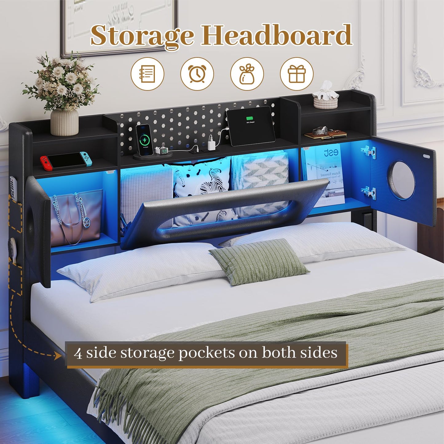 Floating Bed Frame Queen Size with Hidden Storage Headboard